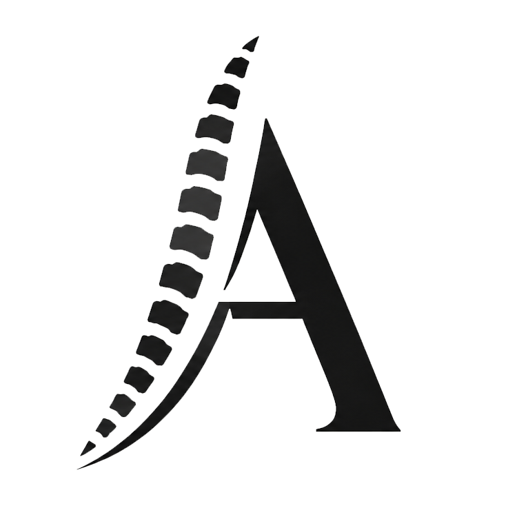 Stylized black letter A logo accented by a curved vertebrae design